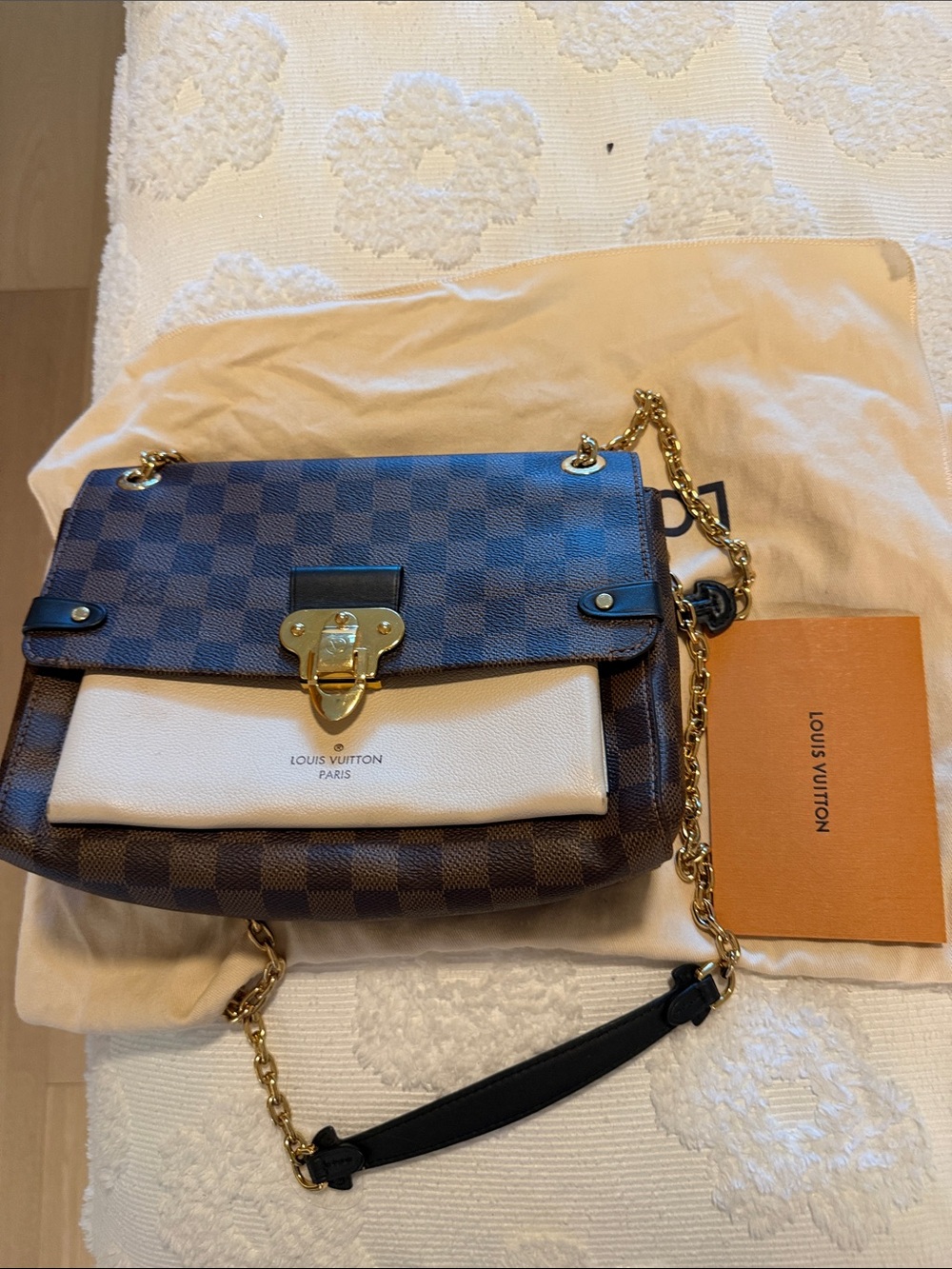 Louis Vuitton Brown Damier Ebene and White Shoulder Bag with Gold Chain